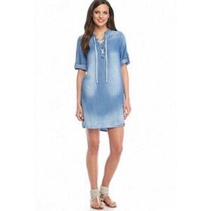 Anthropologie Cloth Stone Shirt Dress XS Chambray Denim Tencel Mini Tunic